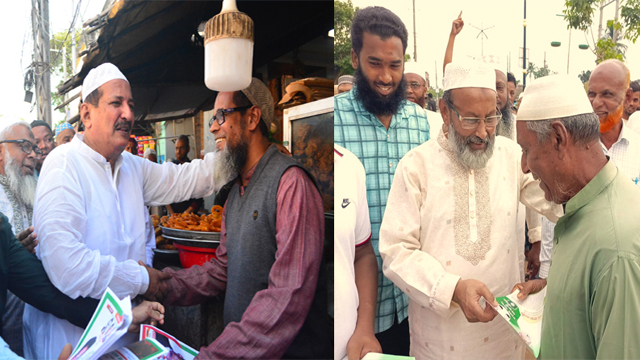 বিএনপি মনোনীত প্রার্থী মিজানুর রহমান মিনু এবং ডানে জামায়াত মনোনীত প্রার্থী ডাঃ মুহাম্মদ জাহাঙ্গীরের নির্বাচনী প্রচারণার মুহুর্ত